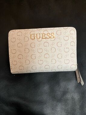 GUESS Beige Logo Zip-Around Wallet with Gold Logo